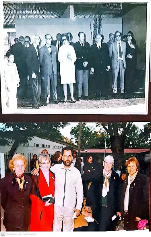 FOTO: La directora de la escuela primaria 1124 María Iglesias de Cainelli junto a Eduardo Moreno y funcionarios del Ministerio de Educación cuando se construía el edificio propio. En el acto por las bodas de oro, estoy junto a quienes fueron mis maestras de primaria en el barrio, muy buenas todas, falta Iris Fernández, Feda Hacen, Coca Zorzón, Leonor Peñaloza y Olga Calvo.